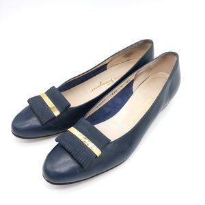 Ferragamo Navy Kiltie Flats with Gold Accent 9AAA